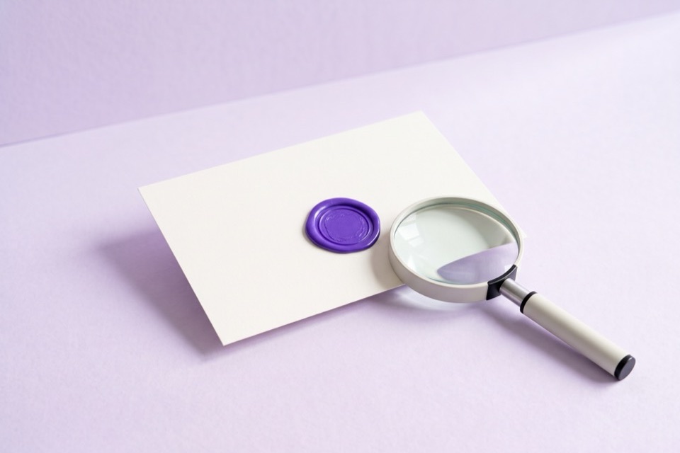Blank card with a violet wax seal and a magnifying glass beside it