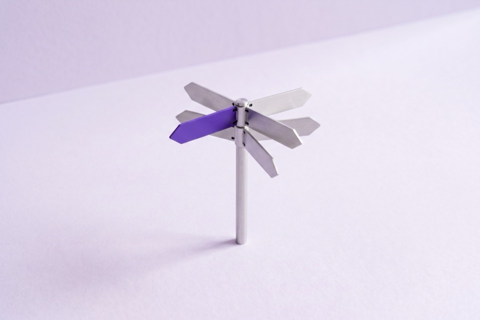 Small signpost with six blank arrows, one of them violet