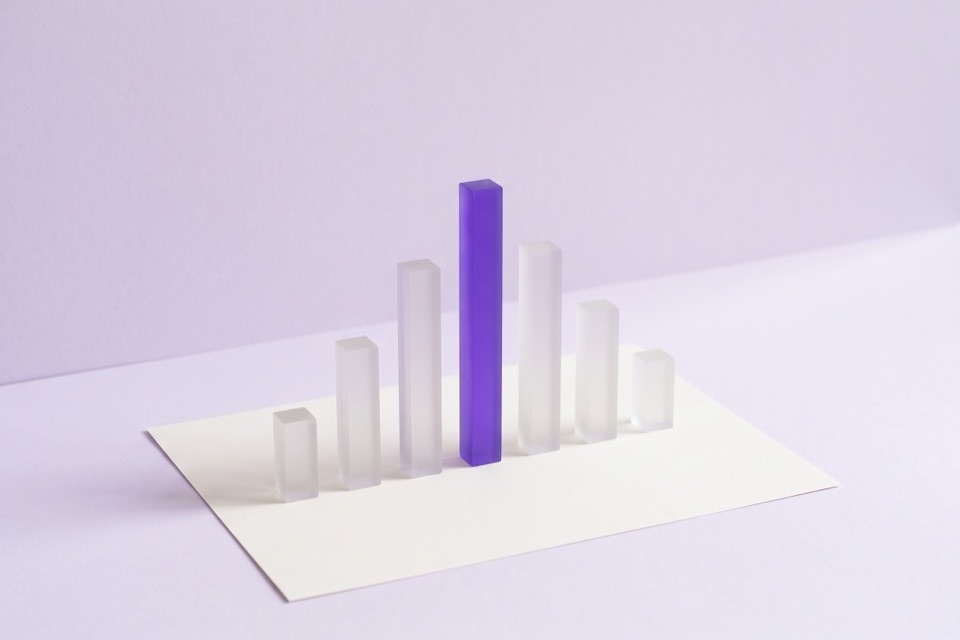 Frosted acrylic bars of different heights standing on paper like a bar chart, the tallest bar violet
