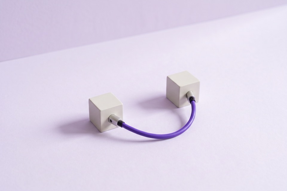 Two white blocks joined by a violet cable