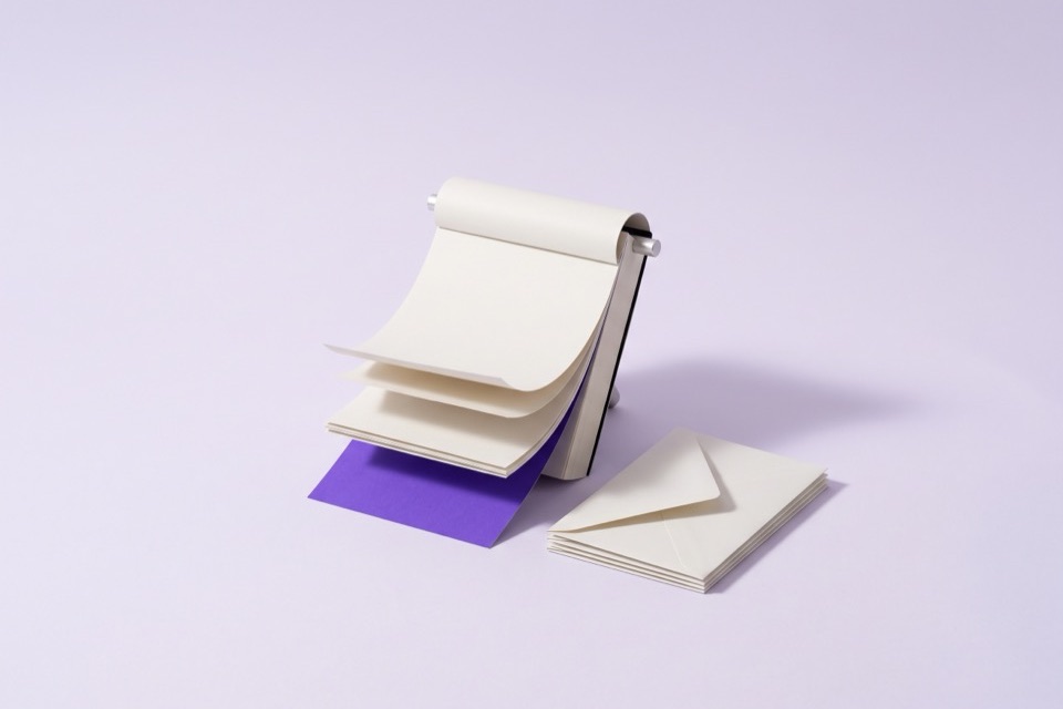 Desk calendar with blank pages curling over a violet last page, beside a stack of envelopes
