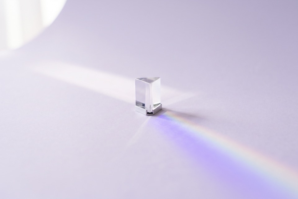 Glass prism casting a soft rainbow spectrum across the paper
